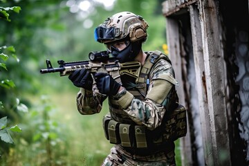 Soldier fight in airsoft battle. Photo generative AI