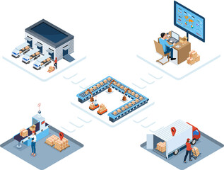 Naklejka na ściany i meble 3D isometric automated warehouse robots and Smart warehouse technology Concept with Warehouse Automation System and Robot Transportation operation service. Transparent PNG illustration