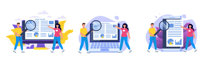 Case study concept with characters. Flat style vector illustration