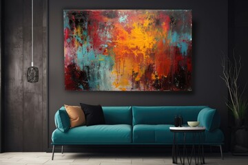 modern living room with a blue sofa and colorful abstract artwork on the wall. Generative AI