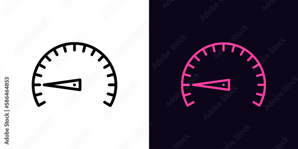 Poster outline low speed icon, with editable stroke. speedometer with scale and arrow, slow velocity and lo