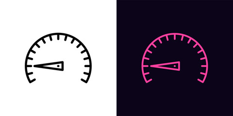 Outline low speed icon, with editable stroke. Speedometer with scale and arrow, slow velocity and low efficiency pictogram. Speed test and indicator, minimal level, bad output capacity. - obrazy, fototapety, plakaty