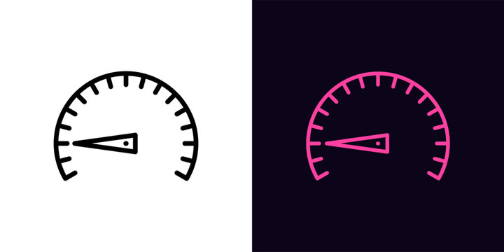 Outline low speed icon, with editable stroke. Speedometer with scale and arrow, slow velocity and low efficiency pictogram. Speed test and indicator, minimal level, bad output capacity.
