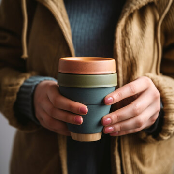 Assorted bamboo travel reusable coffee or tea cups or mags with silicone insulation.One cup with copy-space in female hand. Eco friendly zero waste solution for low impact sustainable lifestyle