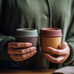 Assorted bamboo travel reusable coffee or tea cups or mags with silicone insulation.One cup with copy-space in female hand. Eco friendly zero waste solution for low impact sustainable lifestyle