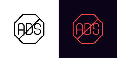 Outline no Ads icon, with editable stroke. Ad ban sign, prohibited advertising pictogram. Ads skip and block, social media content without advertising, anti adware, stop Ad.
