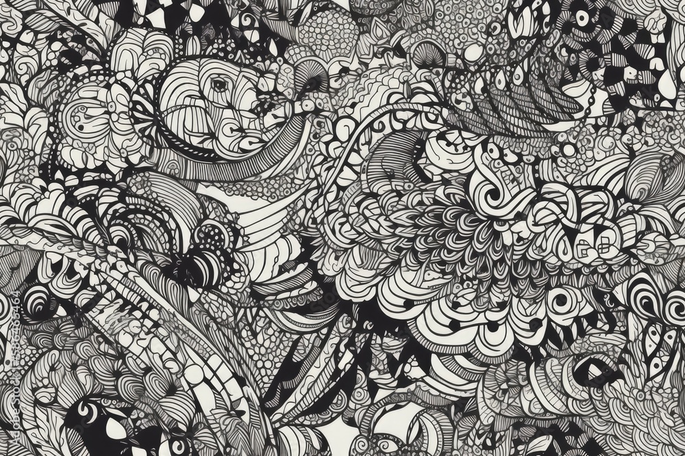 Poster monochromatic drawing featuring a variety of objects and subjects. generative ai