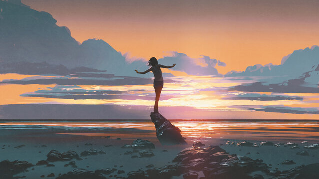 young oman balancing on rock on the beach, digital art style, illustration painting