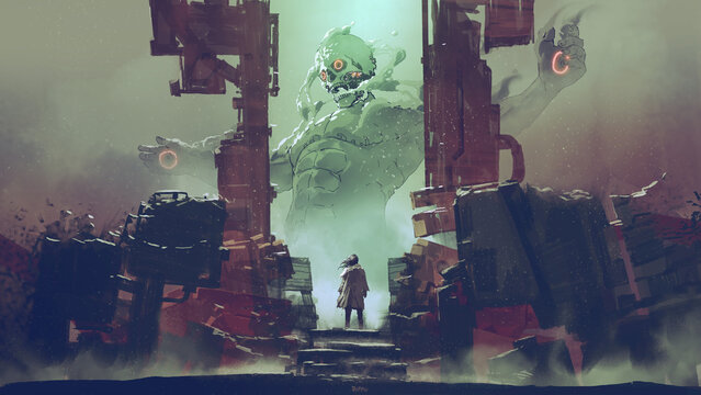 Man standing in front of the entrance looking at the experimental giant on the opposite side, digital art style, illustration painting