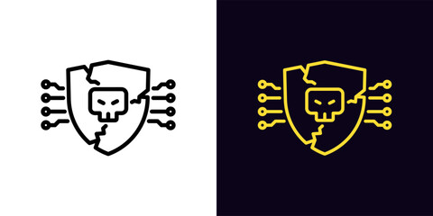 Outline cyber attack icon, with editable stroke. Breaking of system protection. Destroyed shield with skull, damage and cracks. Hack data, cyberattack, hacking risk, danger DDoS attack.