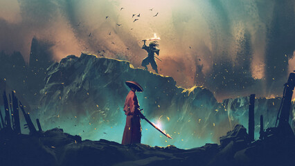 Scene of two samurais in duel on the cliff, digital art style, illustration painting - 586465656