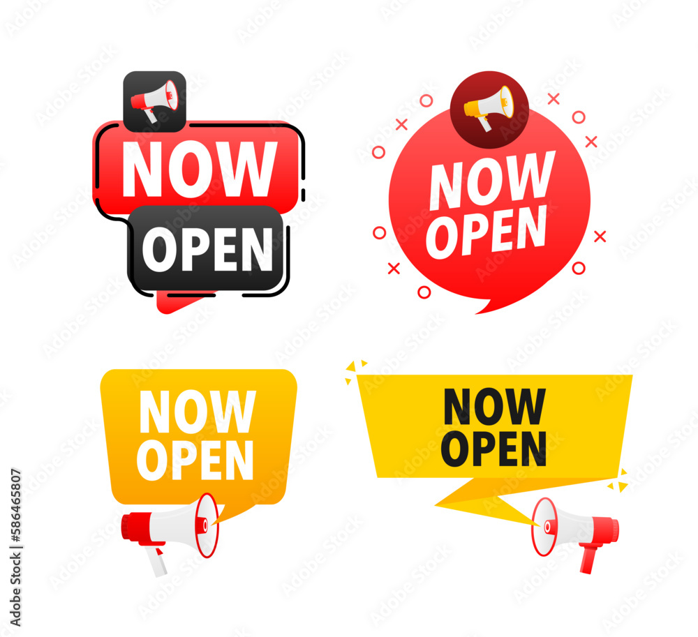 Poster megaphone label set with text now open. now open announcement banner