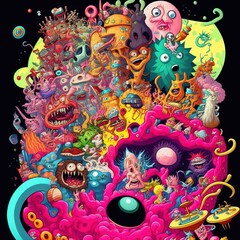 abstract psychedelic neon cartoon of dream world background. graffiti art. generative AI