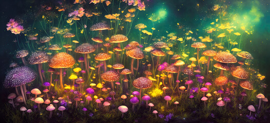 Obraz na płótnie Canvas Mushrooms and flowers, midnight aura, night sky, dreamy, glowing, ultra-detailed artistic illustration, Generative AI