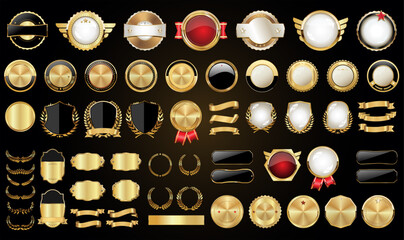 Mega collection retro vintage golden badges labels ribbons and shields - obrazy, fototapety, plakaty