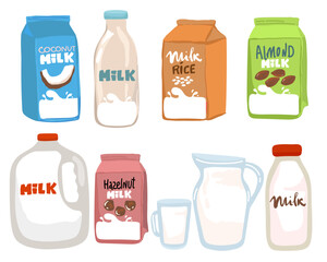 Set of different vegetable milk - almond, rice, coconut, soybeans. Vegan, vegetarian product for cooking food and drink..