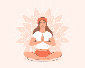 Woman meditating, practicing yoga. Vector illustration.