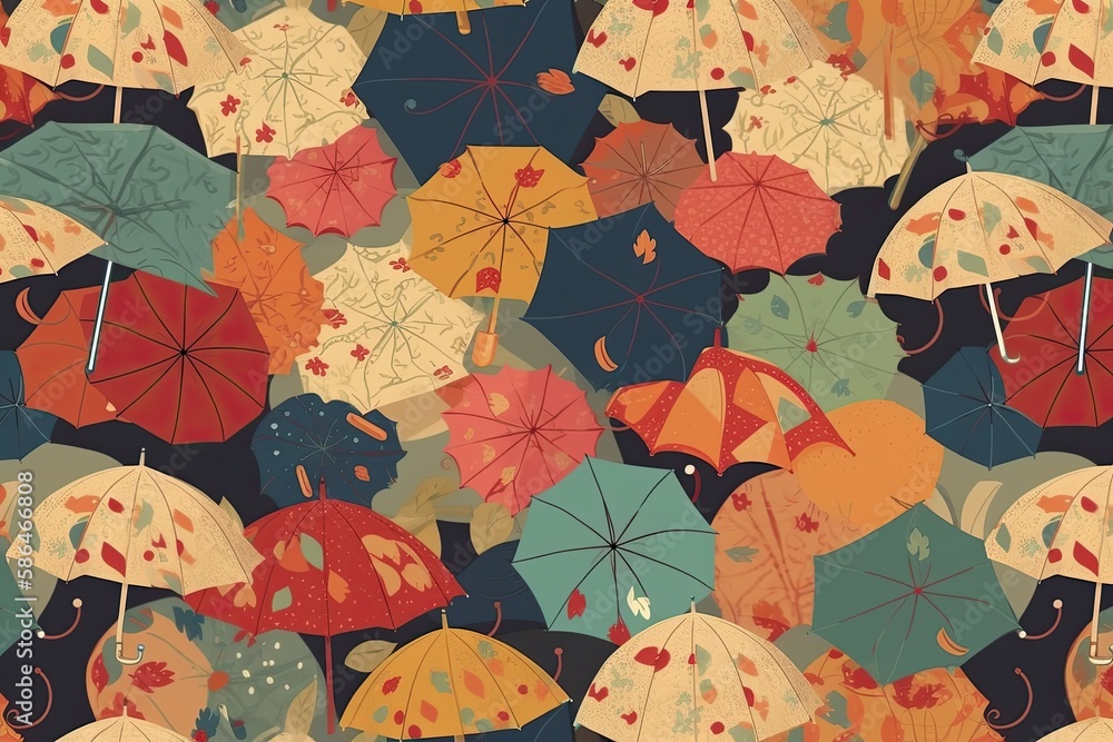 Poster colorful umbrellas floating in the sky. generative ai