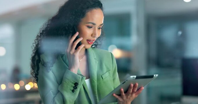 Phone call, tablet and communication with a business woman doing internet research for a project in the office at night. Mobile, contact and a female employee talking or chatting at work