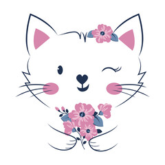 Happy kitten face with bouquet of flowers. Vector ilustration.