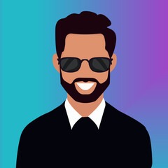 Vector flat illustration, portrait of a stylish male businessman on a bright neon background, male avatar for social networks