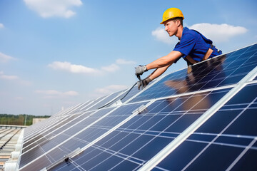 Men technicians installing photovoltaic solar moduls. Generative AI