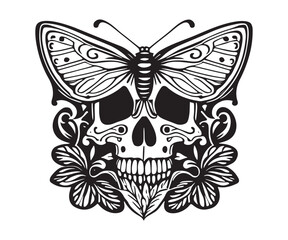 Fototapeta na wymiar Combination of skull and butterfly or moth and flowers. Illustration for a tattoo, t-shirt design or t shirt, etc.
