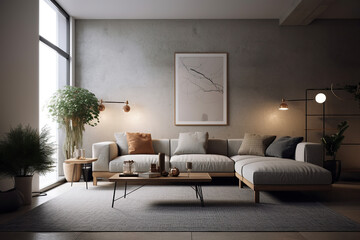 Modern living room interior features a sleek, minimalist design with clean lines and neutral colors. A large wall provides a perfect canvas for displaying a bold piece of artwork, ai generative