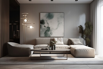 Modern living room interior features a sleek, minimalist design with clean lines and neutral colors. A large wall provides a perfect canvas for displaying a bold piece of artwork, ai generative