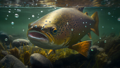 Predatory fish salmon trout in habitat under water looking for prey. Sport fishing concept. Generation AI