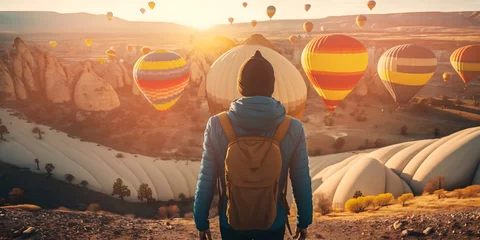 Poster Tourist with backpacks background hot air balloon with sunset Cappadocia Turkey Travel banner. Generation AI © Adin