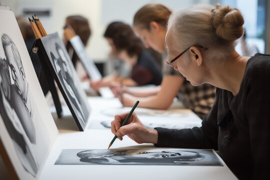 Art studio. Students draw pictures painting with students group in art classroom. Sketching on boards. Art school. Generative AI