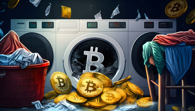 Money Bitcoin Cryptocurrency Laundering Washing Machine, Mining Crime Enrichment And Profit Concept. Generation AI