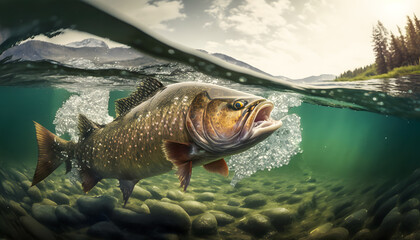 Fototapeta premium Predatory fish salmon trout in habitat under water looking for prey. Sport fishing concept. Generation AI