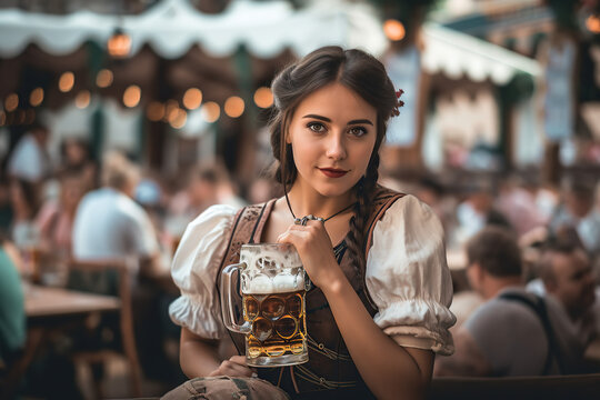 Oktoberfest Tradition. Waitress wearing traditional clothes and holding beers at the festival. German culture and celebration concept. AI Generative