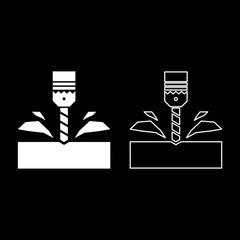 Drill with cartridge material processing shavings bit stationary use set icon white color vector illustration image solid fill outline contour line thin flat style