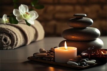 Fototapeta na wymiar Beauty Spa Concept Massage Stones With Towels And Candles In Natural Background. generative AI