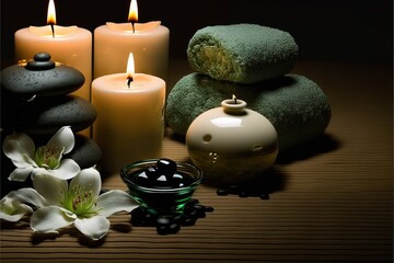 Obraz na płótnie Canvas Beauty Spa Concept Massage Stones With Towels And Candles In Natural Background. generative AI