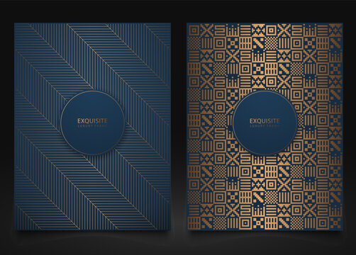 Vector set blue packaging templates with different golden geometric pattern texture for luxury product. Frame design for logo. Ethnic gold abstract mexican background, graphic folk print