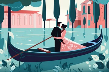 A vector graphic of a couple enjoying a romantic gondola ride. Generative AI