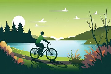 A vector graphic of a person riding a bicycle by a pond. Generative AI