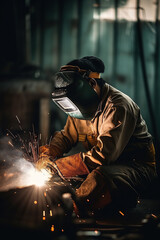 Precision and Expertise: A Skilled Welder in the Metal Industry. A welder is seen working in a metal fabrication shop, wearing a protective helmet and gloves, ai generative