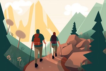 Two friends are hiking on a mountain trail. Generative AI