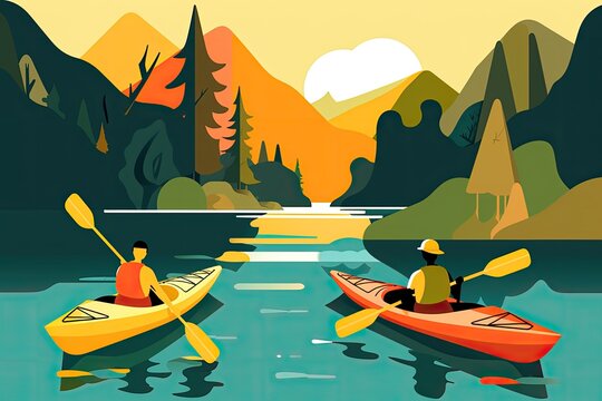 A vector graphic of friends kayaking on a river. Generative AI