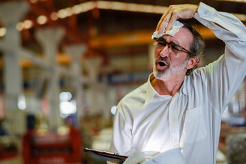 boss manager engineer with helmet tired in construction factory heavy industry . tired senior...