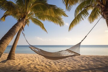 A hammock swaying gently under a palm tree on a sandy beach. Generative AI