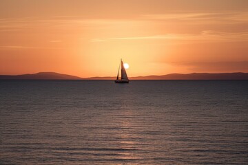 Obraz na płótnie Canvas A lone sailboat drifting on a calm sea at sunset. Generative AI