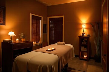 A massage room with dim lighting, soothing music, and a comfortable massage table. Generative AI