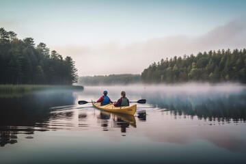 A man and woman kayaking on a calm lake. Generative AI - obrazy, fototapety, plakaty