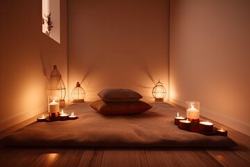 Meditation room with candle lighting and comfortable cushions. Generative AI